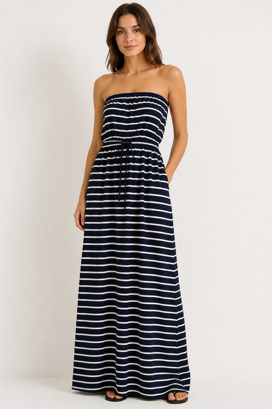 J CREW NAVY WHITE STRIPED STRAPLESS TUBE MAXI DRESS DRAWSTRING WAIST SIZE L
